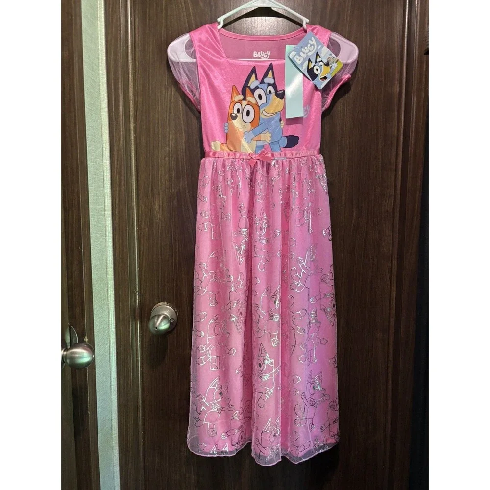 Bluey and Bingo Girl's Pink Satinet and Tulle Character Nightgown Size L 10/12